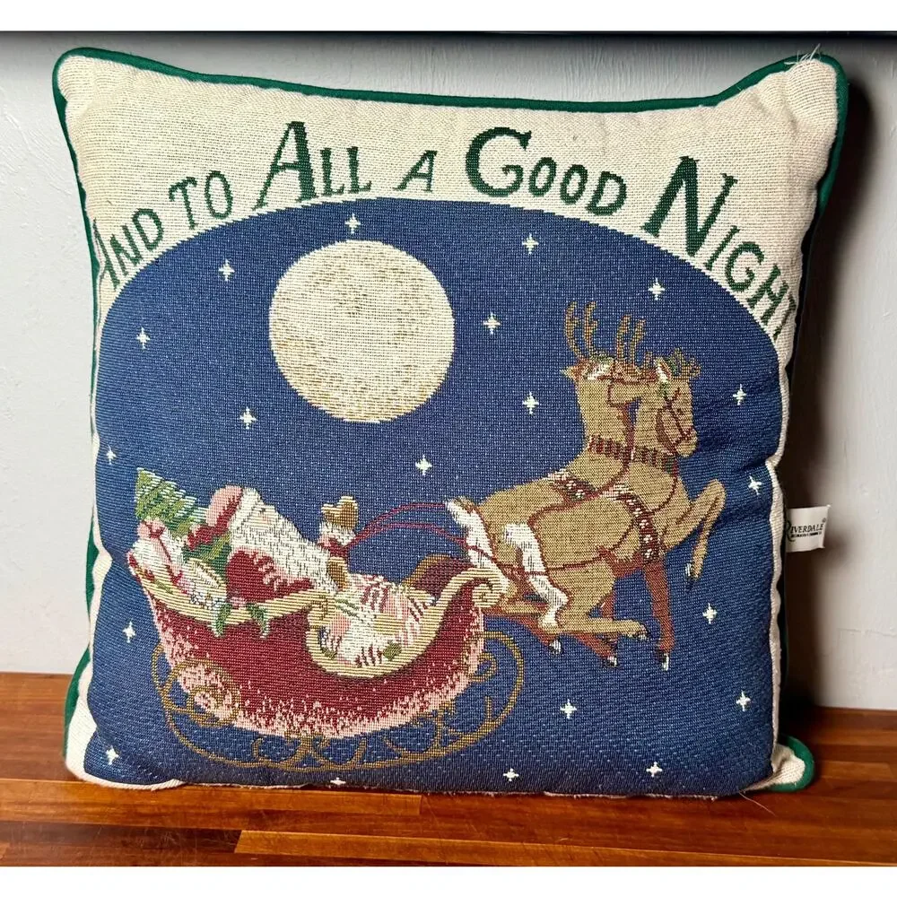 Vintage Christmas Tapestry Pillow | Santa Sleigh, Reindeer, Moon | Holiday